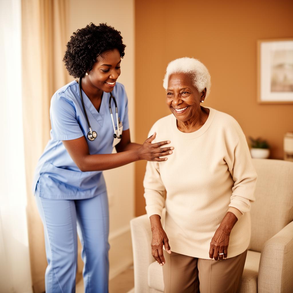 A caregiver holding hands with a smiling elderly resident